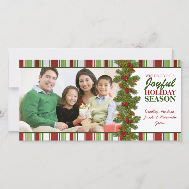 Pine Berries Stripes Christmas Family Photo Card (Front)