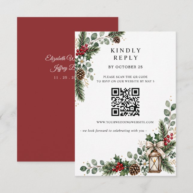 Pine Berries Winter Christmas Wedding QR Code RSVP Card (Front/Back)