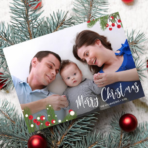 Pine Berry Botanical Merry Christmas Holiday Photo Card