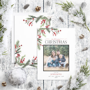 Pine Berry Merry Christmas Script Photo Holiday Ca