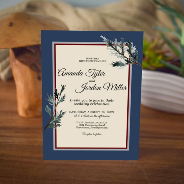Pine Blue Winter Wedding Invitation (Creator Uploaded)