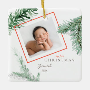 Pine Bough Child Photo My 1st Christmas Square Ceramic Ornament