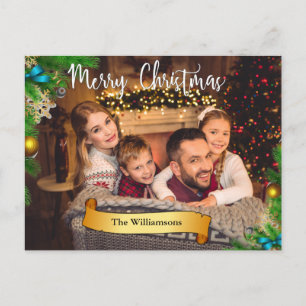 Pine Bough Frame White Merry Christmas Photo Holiday Postcard