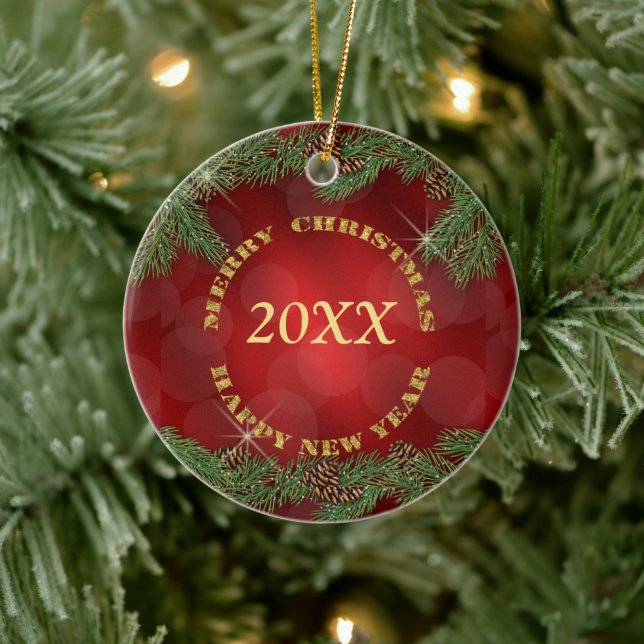 Pine Bough Gold Text Red Christmas Ceramic Tree Decoration (Tree)