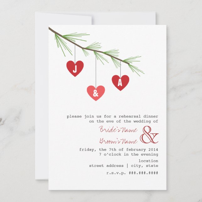 Pine Bough & Hearts Rehearsal Dinner Invitation (Front)