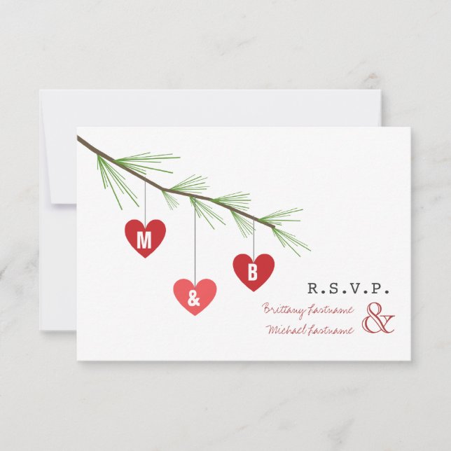 Pine Bough & Hearts Valentine's Wedding R.S.V.P. Invitation (Front)