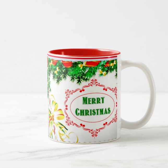 Pine Bough Merry Christmas Two-Tone Coffee Mug (Right)