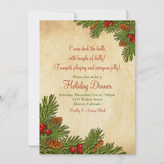 Pine Boughs Holiday Dinner Party Invitation (Front)