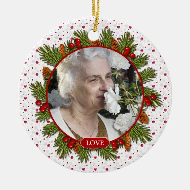 Pine Boughs Holly Berries Memorial Photo Christmas Ceramic Tree Decoration (Front)