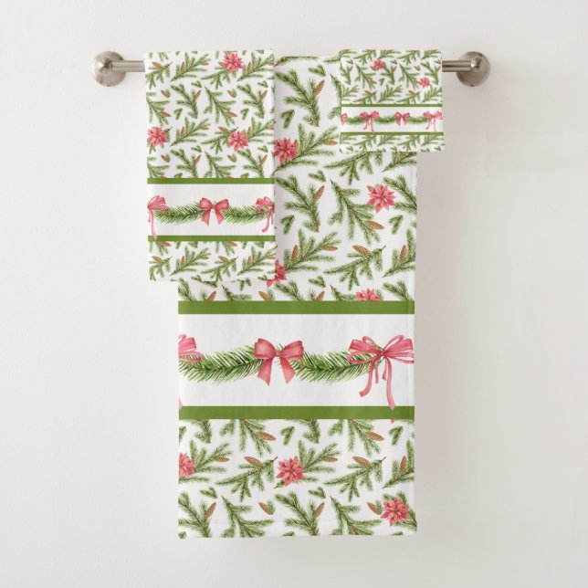 Pine Boughs, Pinecones And Poinsettias Bath Towel (Insitu)
