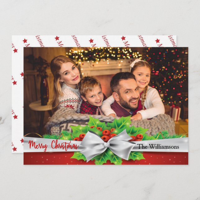 Pine Bow With Holly Photo Christmas Holiday Card (Front/Back)