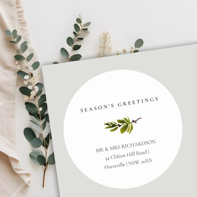 Pine Branch Christmas Address Season's Greetings Classic Round Sticker (Creator Uploaded)