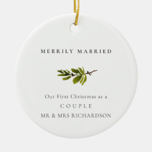 Pine Branch First Christmas Photo Merrily Married Ceramic Tree Decoration