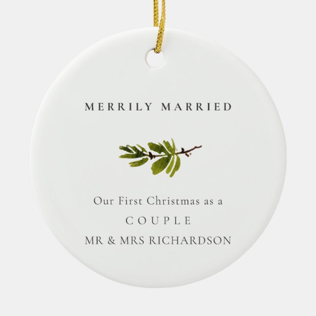 Pine Branch First Christmas Photo Merrily Married Ceramic Tree Decoration (Front)