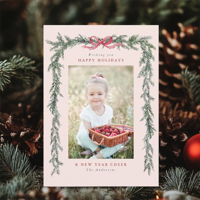 Pine Branch Frame Photo Blush Pink Christmas Holiday Card (Creator Uploaded)