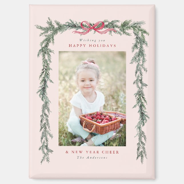 Pine Branch Frame Photo Blush Pink Christmas  Magnet (Front)