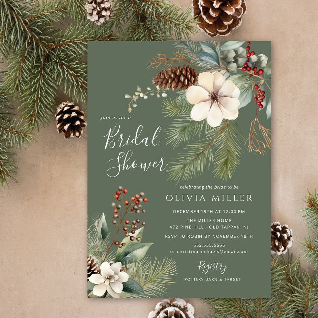Pine Branch Winter Botanical Bridal Shower  Invitation (Creator Uploaded)