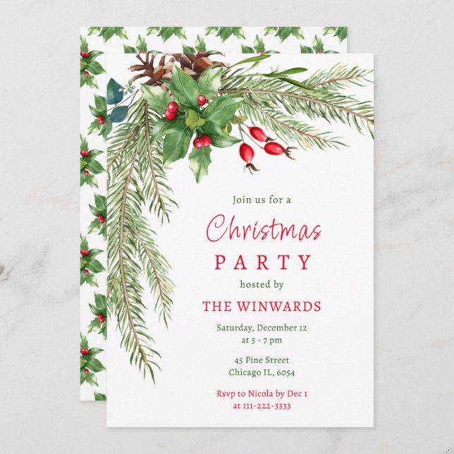 Pine Branches and Berries Christmas Party  Invitation (Front/Back)