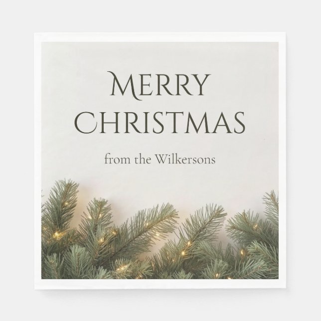Pine Branches and Christmas Lights Custom Name Napkin (Front)