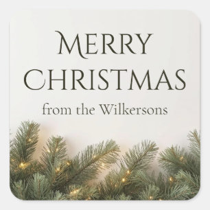 Pine Branches and Christmas Lights Custom Name Square Sticker
