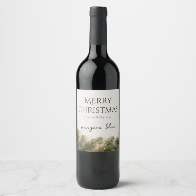 Pine Branches and Christmas Lights Custom Name Wine Label (Front)