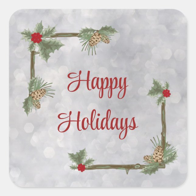 Pine Branches and Holly Square Stickers (Front)