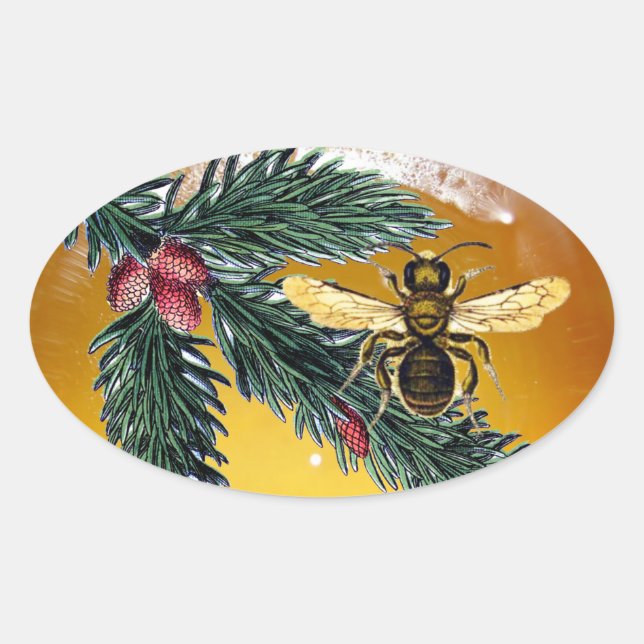 PINE BRANCHES AND HONEY BEE / BEEKEEPER BEEKEEPING OVAL STICKER (Front)