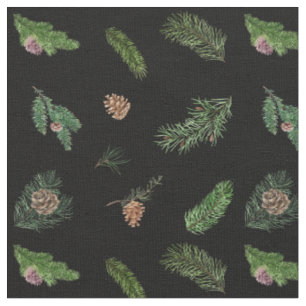 Pine Branches and Pinecones Forest Black Fabric