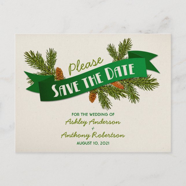 Pine Branches Camping Wedding Save the Date Announcement Postcard (Front)