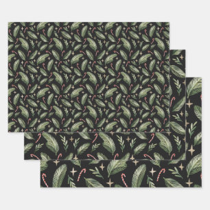 Pine Branches, Candy Canes and Stars Xmas Pattern Wrapping Paper Sheet