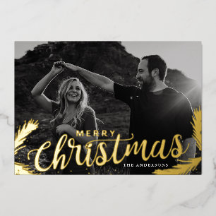 Pine Branches Merry Christmas Photo Gold
