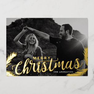 Pine Branches Merry Christmas Photo Gold