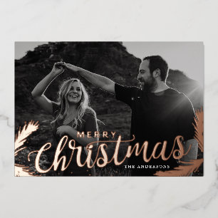 Pine Branches Merry Christmas Photo Rose Gold