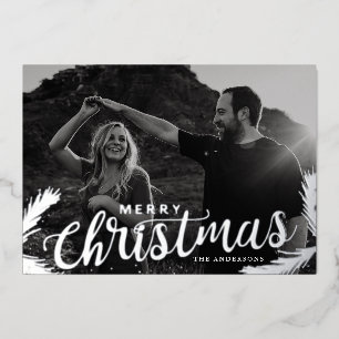 Pine Branches Merry Christmas Photo Silver