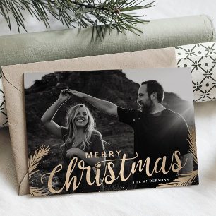 Pine Branches Merry Christmas Script Overlay Holiday Card