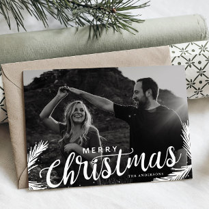 Pine Branches Merry Christmas Script Overlay Holiday Card