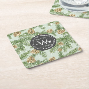 Pine Branches & Pine Cones Watercolor Pattern Square Paper Coaster