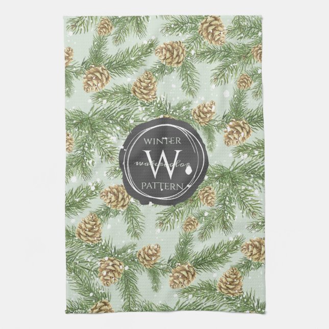 Pine Branches & Pine Cones Watercolor Pattern Tea Towel (Vertical)