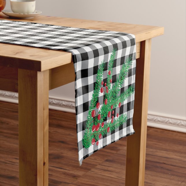 Pine Branches ,Red Berries,Buffalo Check Holiday Short Table Runner (In Situ)