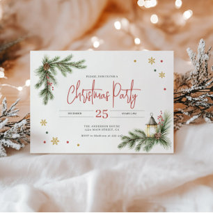 Pine Branches with Holly Berries & Gold Snowflake  Invitation