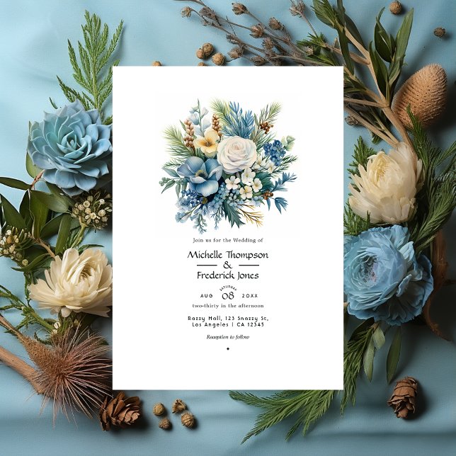 Pine, Brass and Pastel Blue Floral Winter Wedding Invitation (Creator Uploaded)
