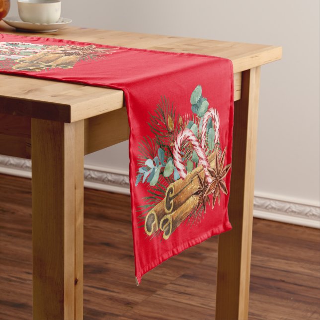 Pine Christmas Cinnamon Candy Cane Watercolor Short Table Runner (In Situ)
