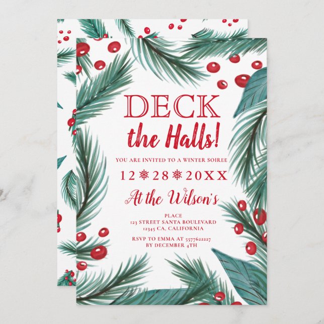 Pine Christmas mistletoe watercolor deck the halls Invitation (Front/Back)