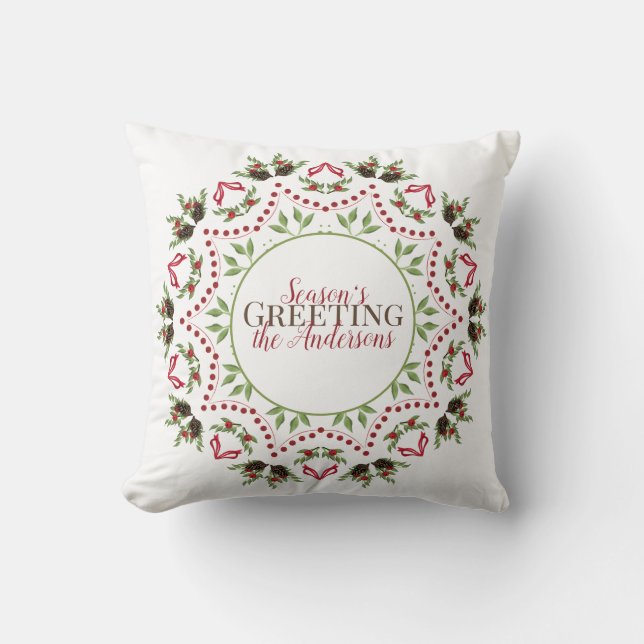 Pine cone and berries Mandala holiday throw pillow (Front)