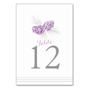 Pine cone art purple white wedding table number