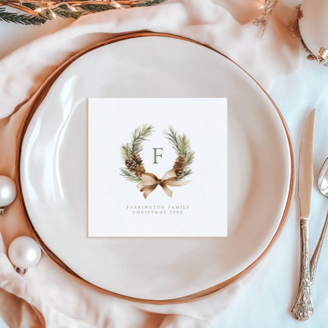 Pine Cone & Bow Wreath Monogram Family Holiday Napkin (Creator Uploaded)