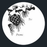 Pine Cone Christmas Gift Tag<br><div class="desc">Black pine cone on snowy branch makes a pretty gift tag for your holiday packages.</div>