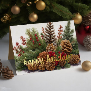 Pine Cone Evergreen Red Berries Rustic Holiday Card