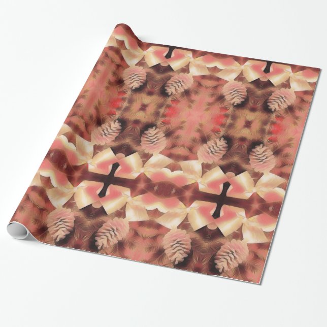 Pine Cone Fir Kaleidoscopic Design Peach Pink Wrapping Paper (Unrolled)