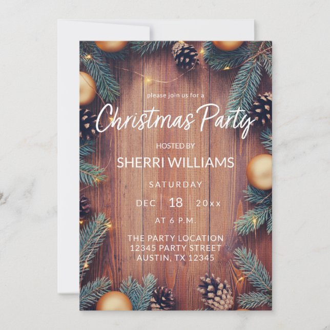 Pine Cone & Gold Ornament Rustic Christmas Party Invitation (Front)